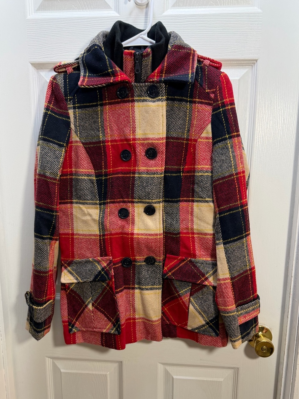 Altar'd State Red Black Cream Plaid Peacoat